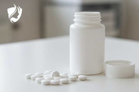 Таблетки и банка таблеток на столе, необходимые для лечения фантомных болей